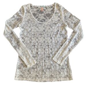 Downeast Basics White Lace Long Sleeve Shirt Top Sheer Large Coquette Ethereal